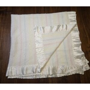 Vintage Baby Blanket Beacon White Waffle Weave Pastel Stripe Satin Trim 41x37"